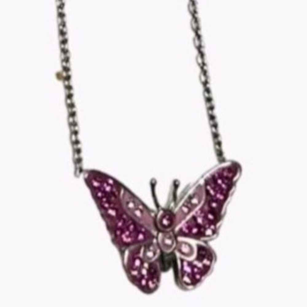 Elegant Pink Gem Butterfly Pendant Necklace Silver Tone Chain Fashion Jewelry